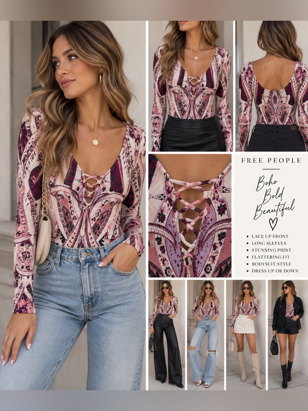 Free People Pick A Place Lace Up Long Sleeve Bodysuit Women’s M Pink Purple Boho
